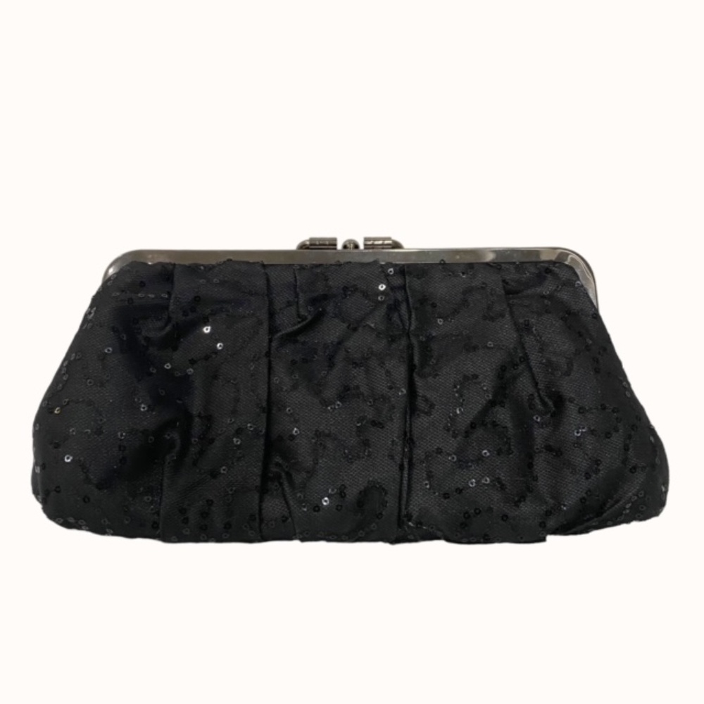 Black Sequinned Evening Clutch/Purse with Silver Shiny Enclosure & Chain